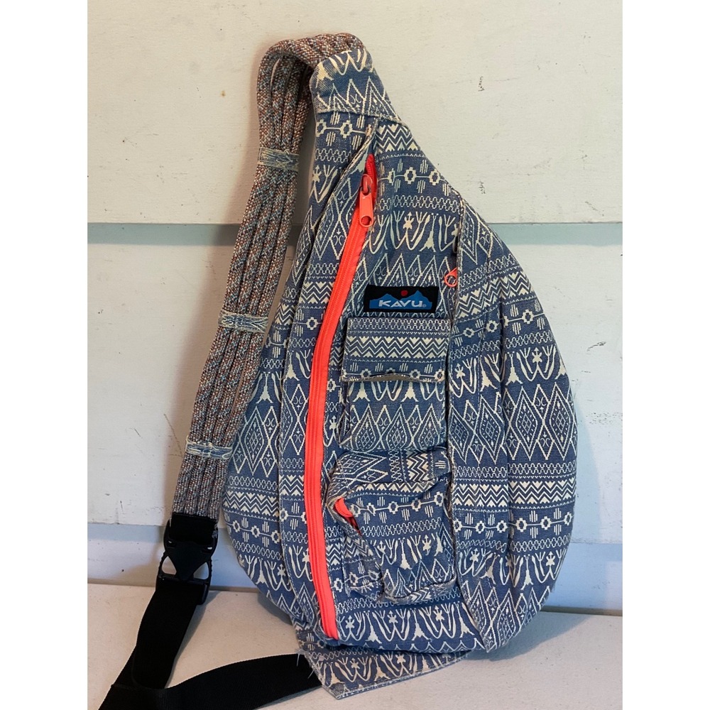 KAVU Rope Bag Blue White Geometric Tribal Canvas Sling Crossbody Backpack